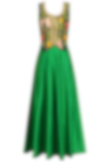 Navy Blue Fruits Embroidered Waistcoat with Green Lehenga Skirt by Aharin India