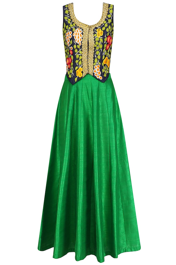 Navy Blue Fruits Embroidered Waistcoat with Green Lehenga Skirt by Aharin India