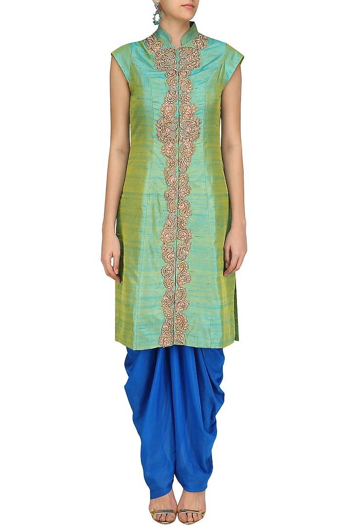 Pista green zari embroidery achkan with blue dhoti pants available only at Pernia's Pop Up Shop.