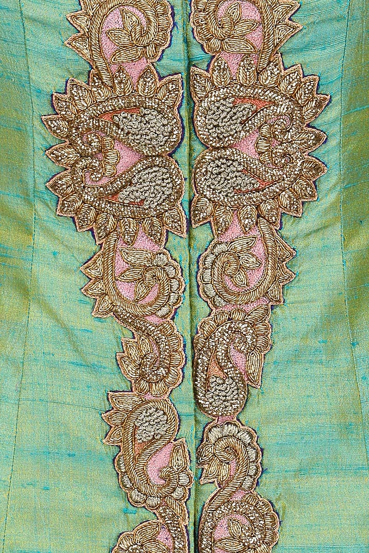 Pista green zari embroidery achkan with blue dhoti pants available only at Pernia's Pop Up Shop.