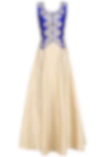 Blue leaf embroidered waistcoat with golden lehenga skirt available only at Pernia's Pop Up Shop.
