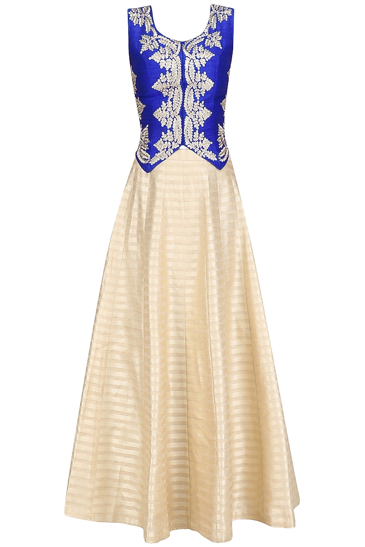 Blue leaf embroidered waistcoat with golden lehenga skirt available only at Pernia's Pop Up Shop.