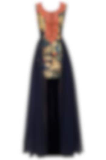 Navy blue printed and net flared gown available only at Pernia's Pop Up Shop.