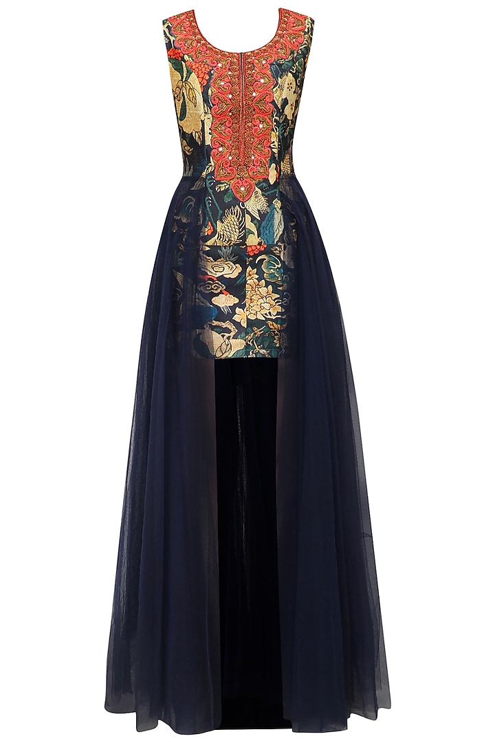 Navy blue printed and net flared gown available only at Pernia's Pop Up Shop.