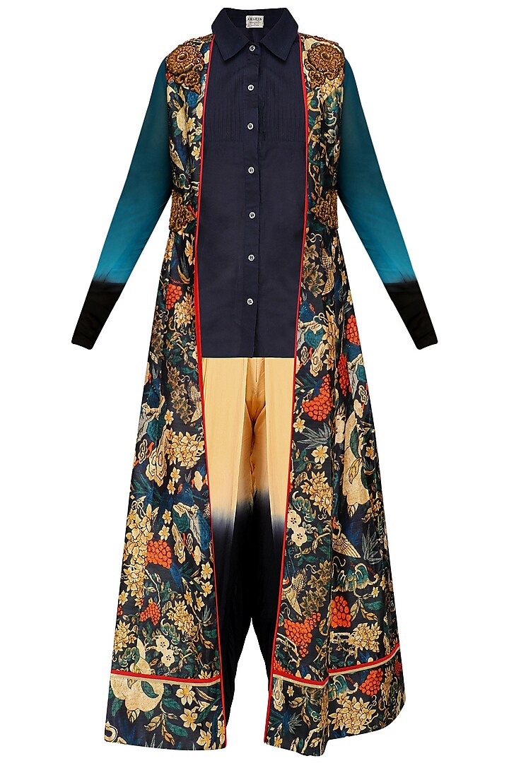 Navy Blue Embroidered Jacket, Shirt Tunic and Dhoti Pants Set by Aharin India
