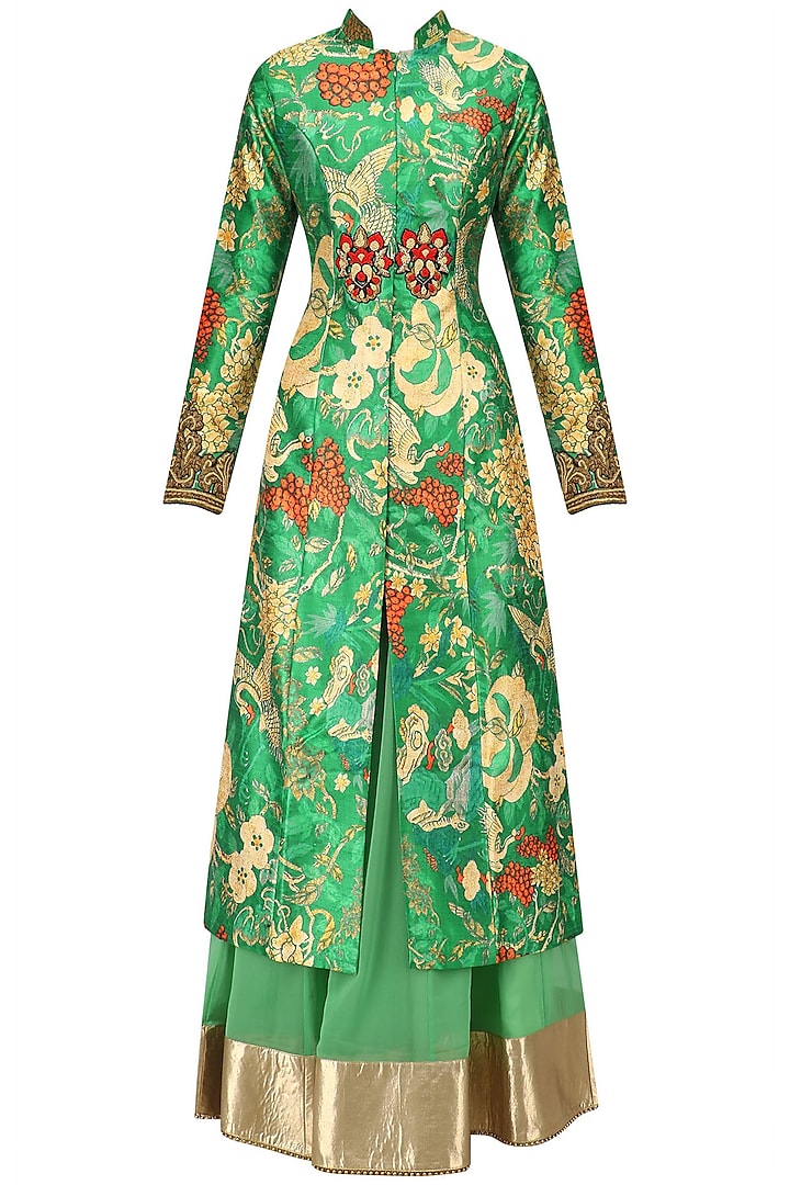 Turquoise Green Embroidered Achakan Jacket and Skirt Set by Aharin India