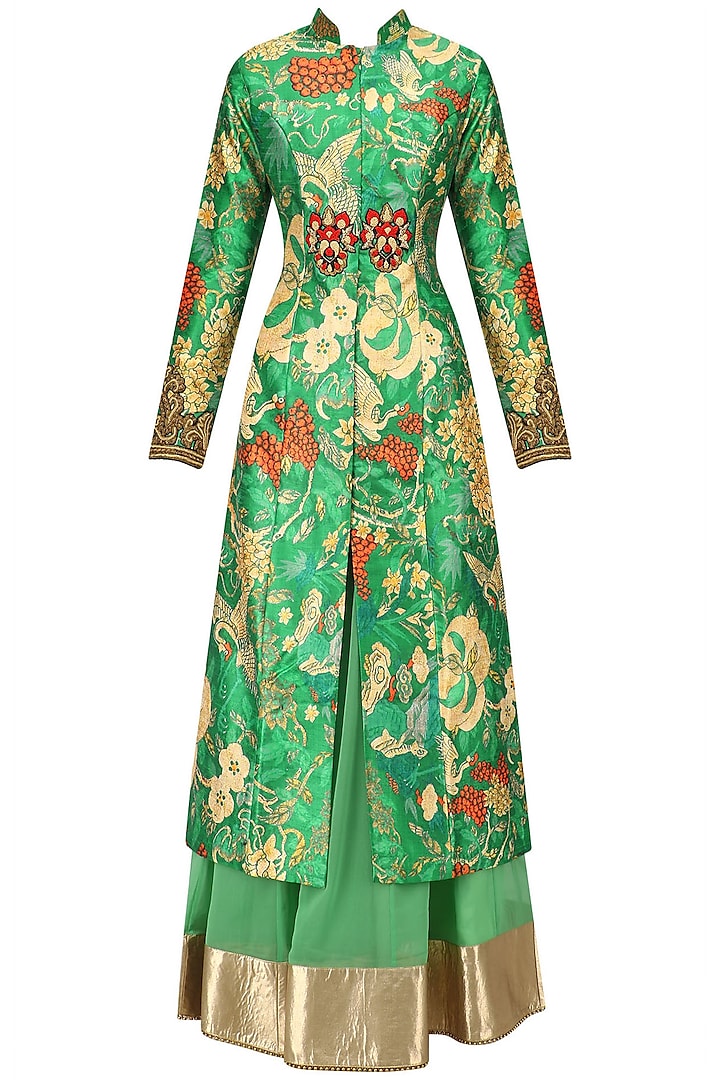 Turquoise green embroidered achakan jacket and skirt set available only at Pernia's Pop Up Shop.