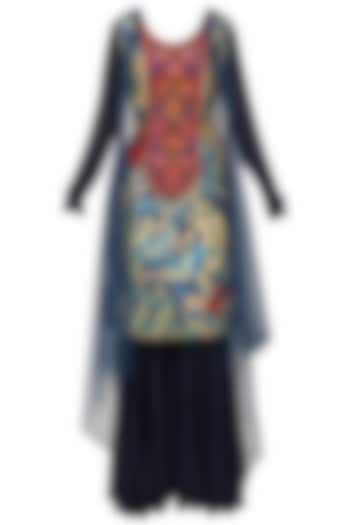 Navy blue embroidered kurta, sharara pants and cape set available only at Pernia's Pop Up Shop.