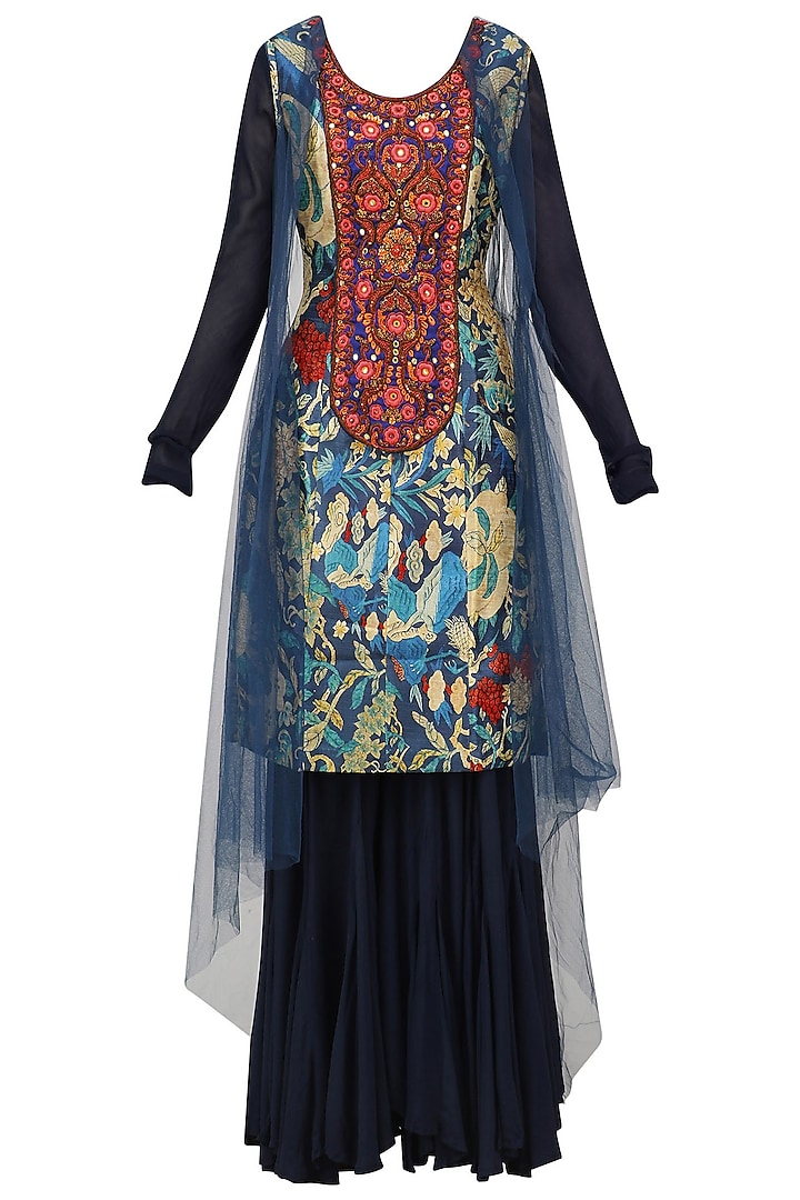Navy blue embroidered kurta, sharara pants and cape set available only at Pernia's Pop Up Shop.