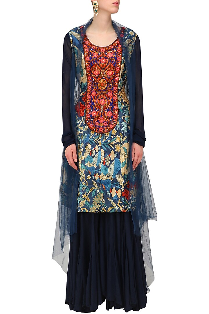 Navy blue embroidered kurta, sharara pants and cape set available only at Pernia's Pop Up Shop.