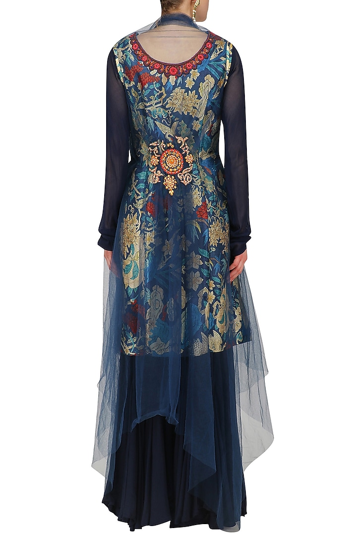 Navy blue embroidered kurta, sharara pants and cape set available only at Pernia's Pop Up Shop.