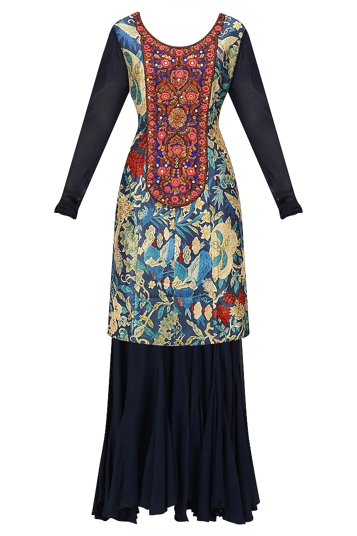 Navy blue embroidered kurta, sharara pants and cape set available only at Pernia's Pop Up Shop.