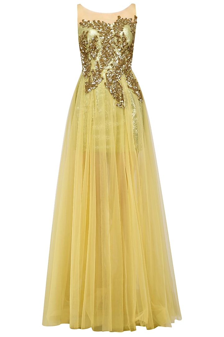 Gold sequins embroidered and net flared dress available only at Pernia's Pop Up Shop.