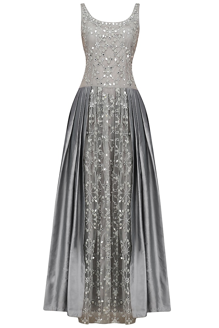 Grey Mirror and Dori Embroidered Gown by Aharin India