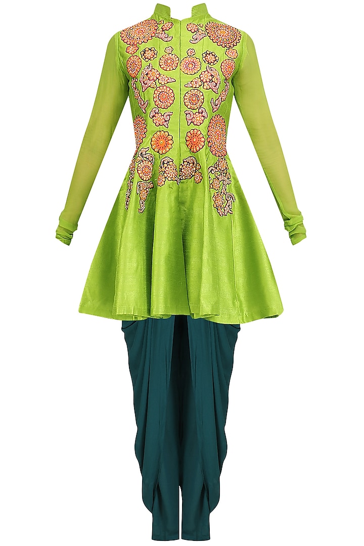 Lime Green Embroidered Flared Jacket with Dhoti Pants by Aharin India