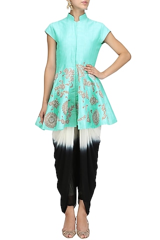 Turquoise Embroidered Flared Jacket with Dhoti Pants by Aharin India