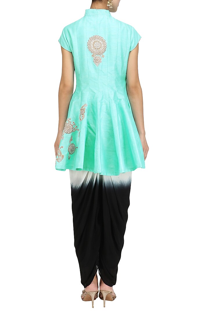 Turquoise embroidered flared jacket with dhoti pants available only at Pernia's Pop Up Shop.