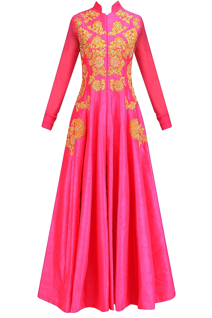 Pink Embroidered Flared Anarkali Jacket with Palazzo Pants by Aharin India
