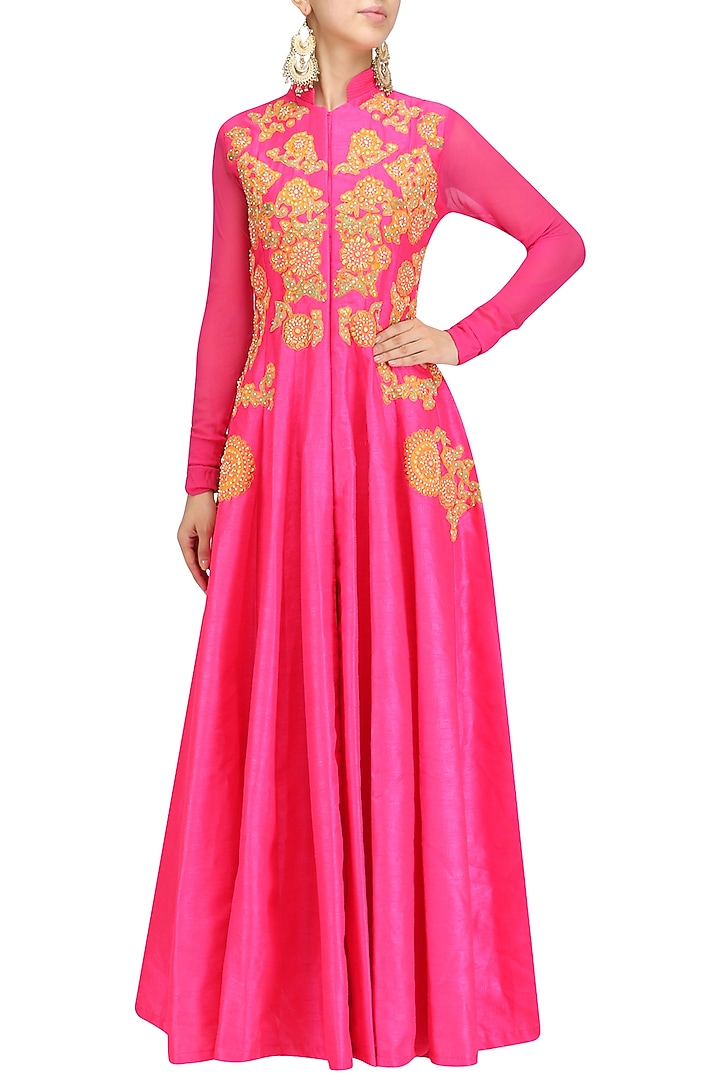 Pink embroidered flared anarkali jacket with palazzo pants available only at Pernia's Pop Up Shop.