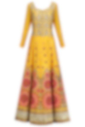 Yellow embroidered kalidaar anarkali with pink dupatta set available only at Pernia's Pop Up Shop.
