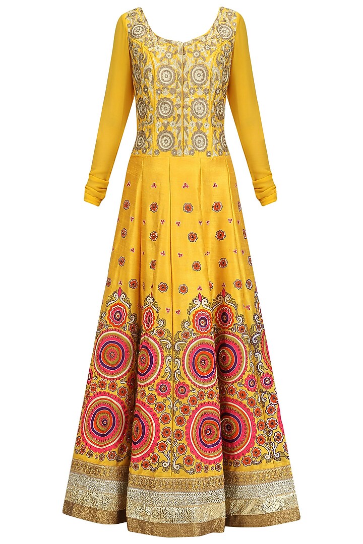 Yellow embroidered kalidaar anarkali with pink dupatta set available only at Pernia's Pop Up Shop.