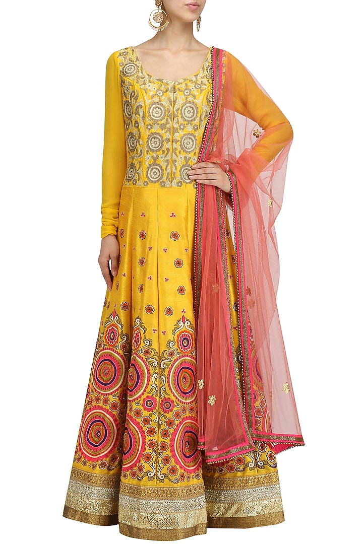 Yellow embroidered kalidaar anarkali with pink dupatta set available only at Pernia's Pop Up Shop.