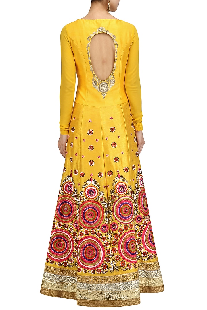 Yellow embroidered kalidaar anarkali with pink dupatta set available only at Pernia's Pop Up Shop.