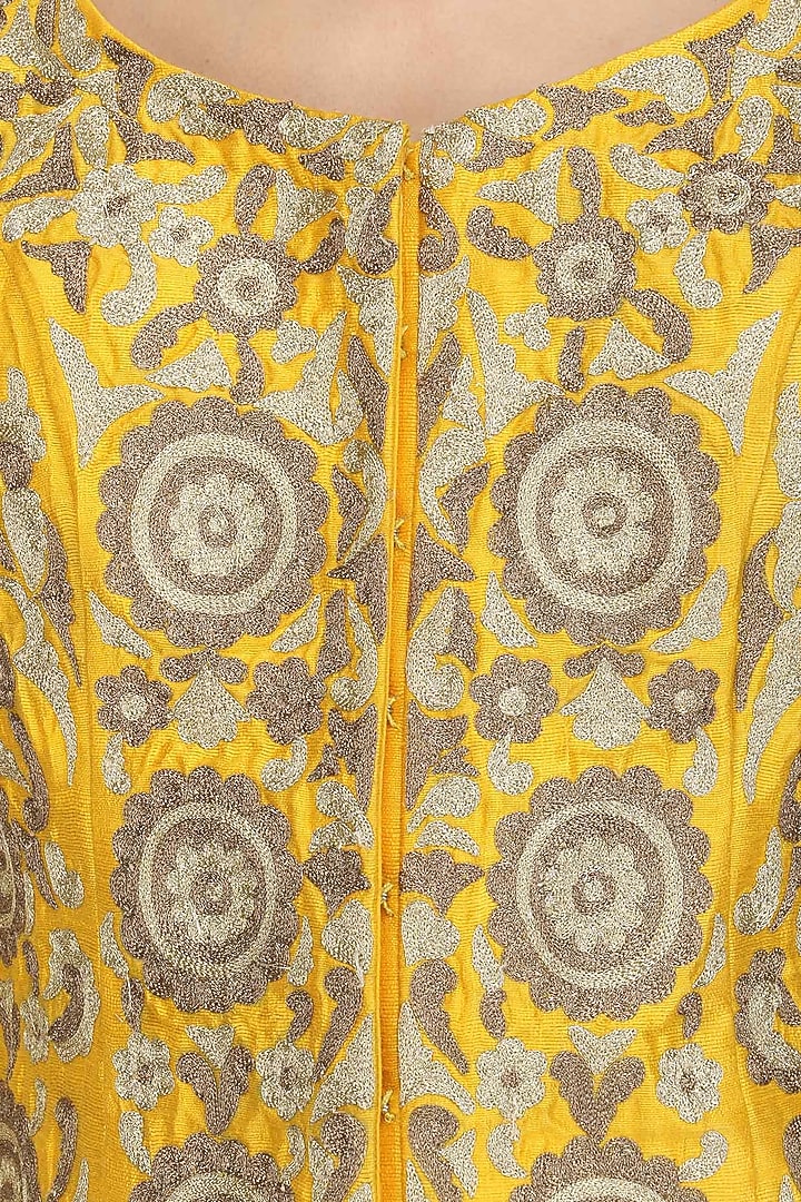 Yellow embroidered kalidaar anarkali with pink dupatta set available only at Pernia's Pop Up Shop.