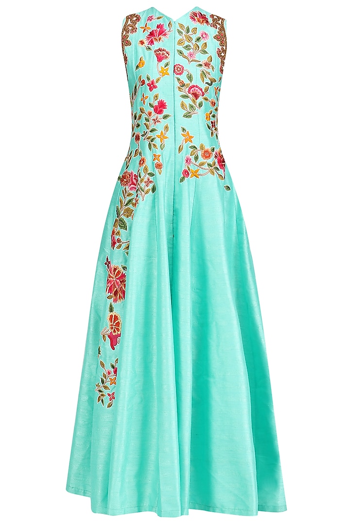Turquoise Embroidered Flared Jacket with Dhoti Pants by Aharin India