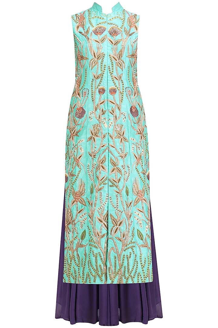 Turquoise jaal embroidered kurta with mauve lehenga and dupatta set available only at Pernia's Pop Up Shop.