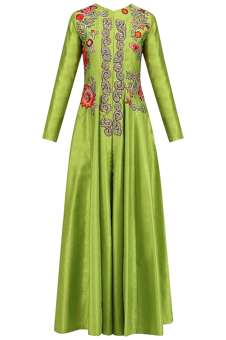 Lime Green Embroidered Flared Anarkali Jacket with Palazzo Pants by Aharin India