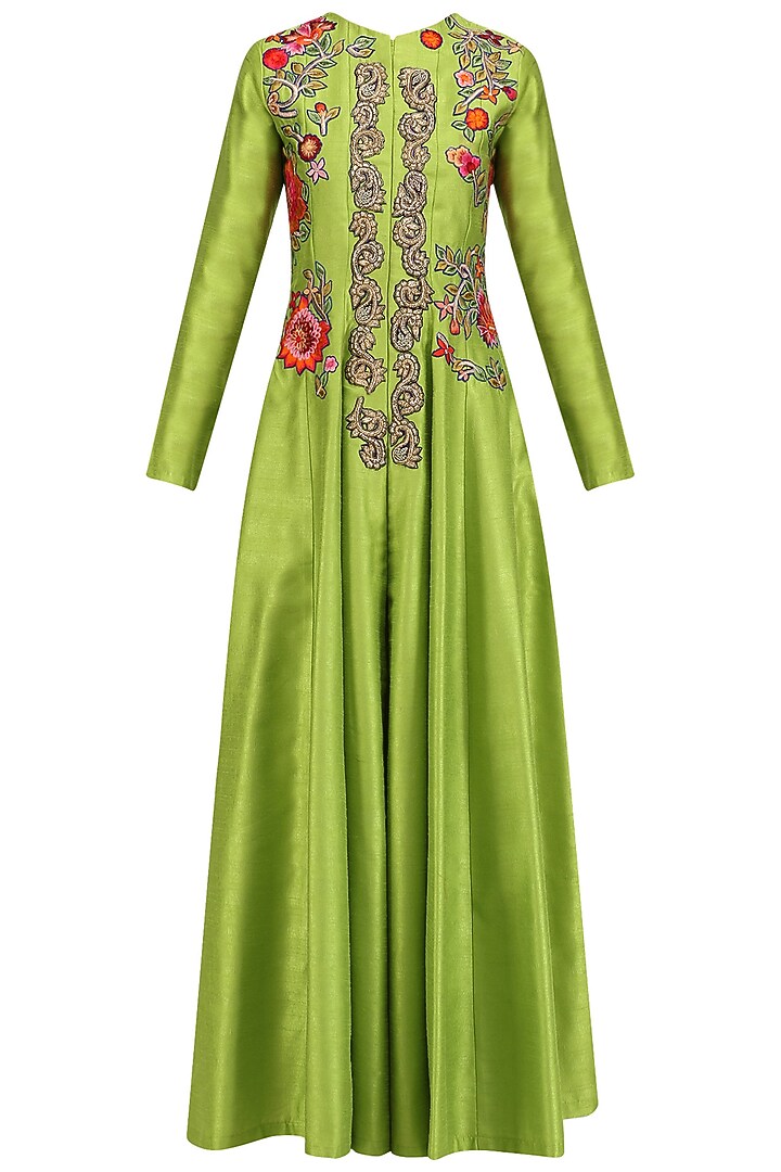 Lime green embroidered flared anarkali jacket with palazzo pants available only at Pernia's Pop Up Shop.