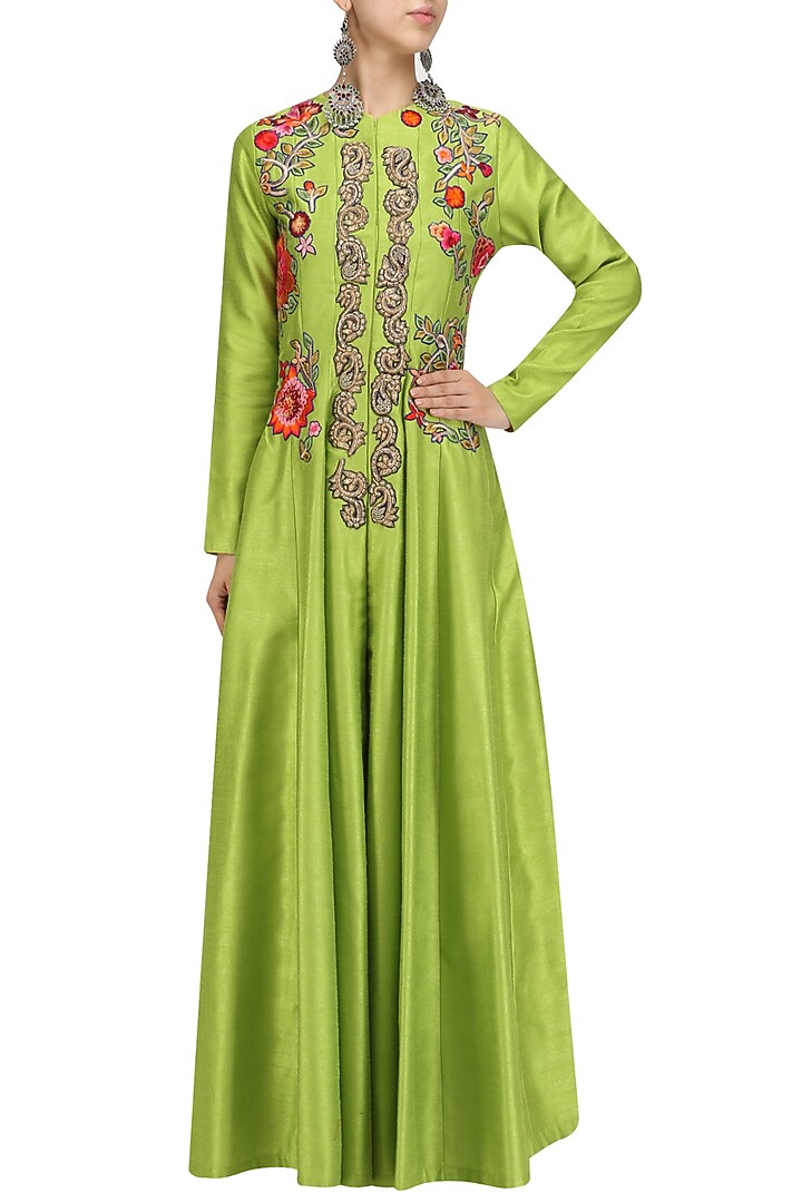 Lime green embroidered flared anarkali jacket with palazzo pants available only at Pernia's Pop Up Shop.