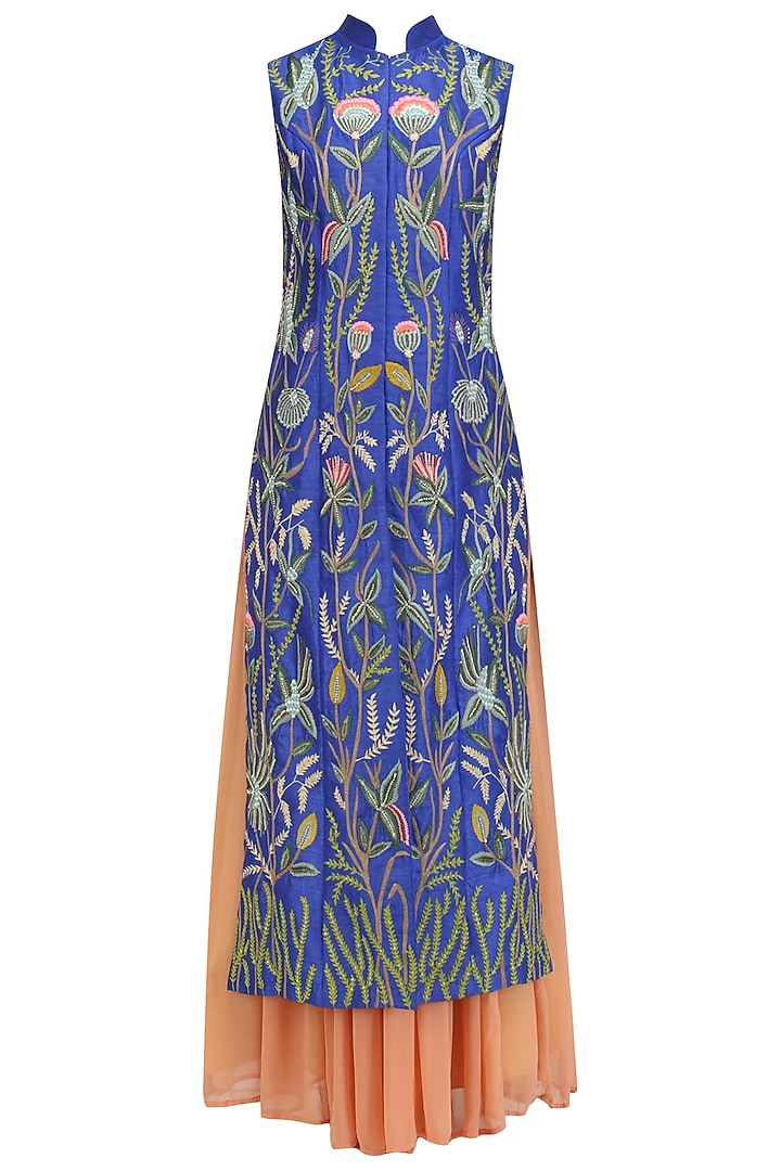 Cobalt blue embroidered kurta with lehenga and dupatta set available only at Pernia's Pop Up Shop.
