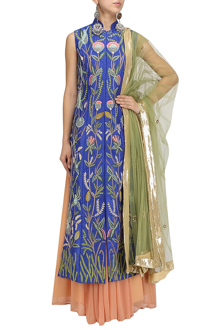 Cobalt blue embroidered kurta with lehenga and dupatta set available only at Pernia's Pop Up Shop.