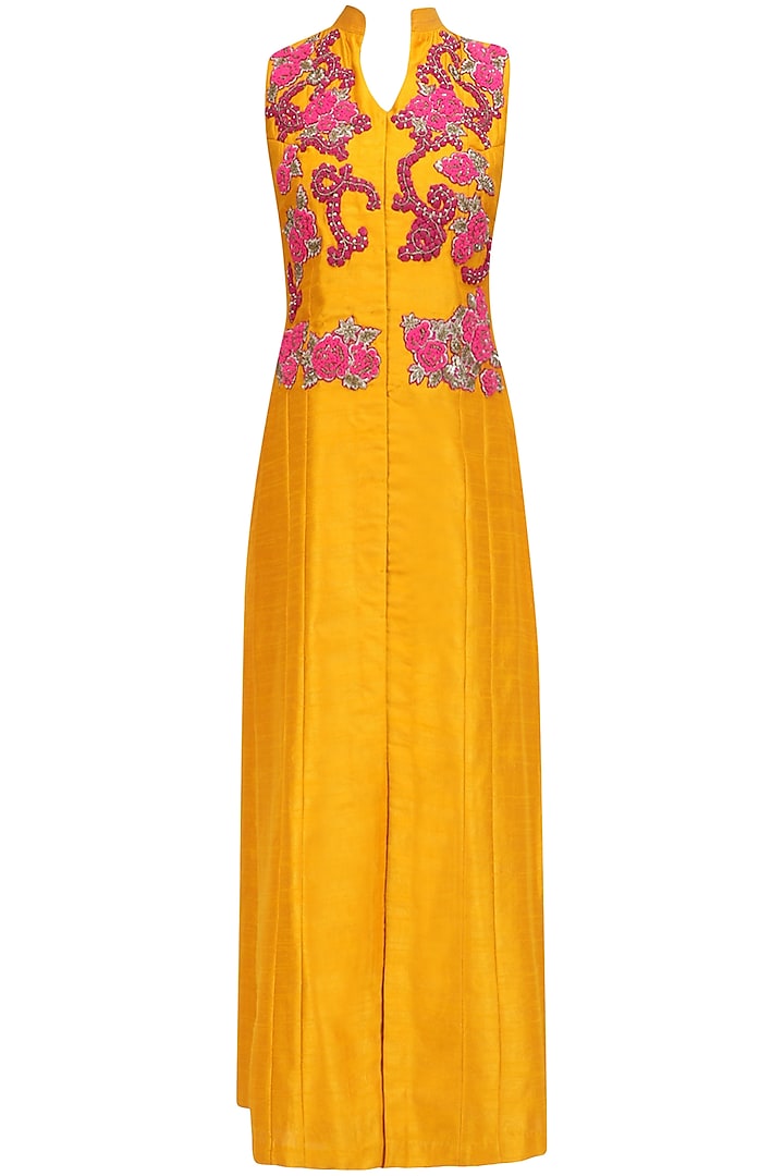 Mustard Embroidered Kurta with Dhoti Pants Set by Aharin India