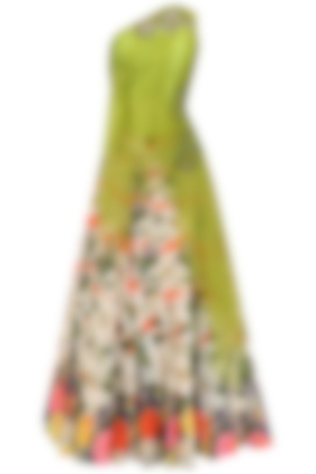 Green Embroidered One Shoulder Net Drape Blouse and Lehenga Set by Aharin India