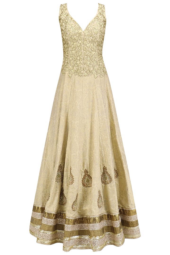 Gold Embroidered Flared Anarkali and Dupatta Set by Aharin India