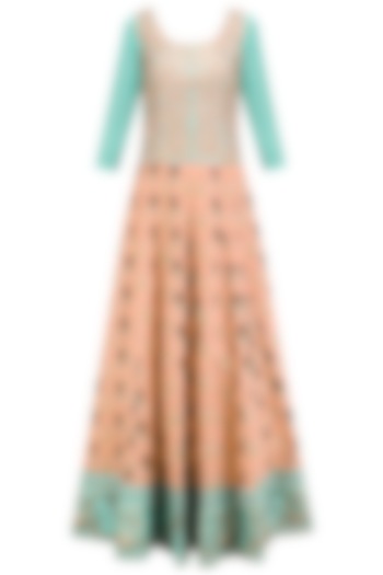 Turquoise and Peach Embroidered Kalidaar Anarkali and Orange Dupatta Set by Aharin India