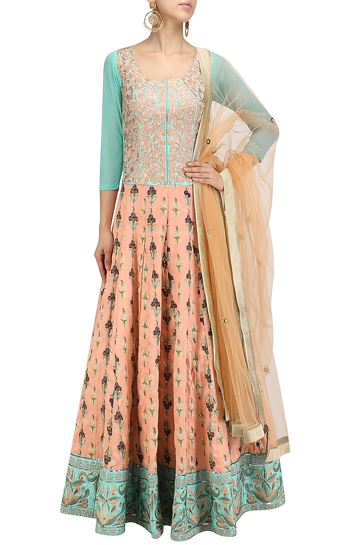 Turquoise and peach embroidered kalidaar anarkali and orange dupatta set available only at Pernia's Pop Up Shop.