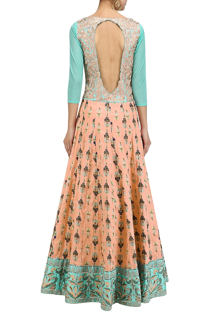 Turquoise and peach embroidered kalidaar anarkali and orange dupatta set available only at Pernia's Pop Up Shop.