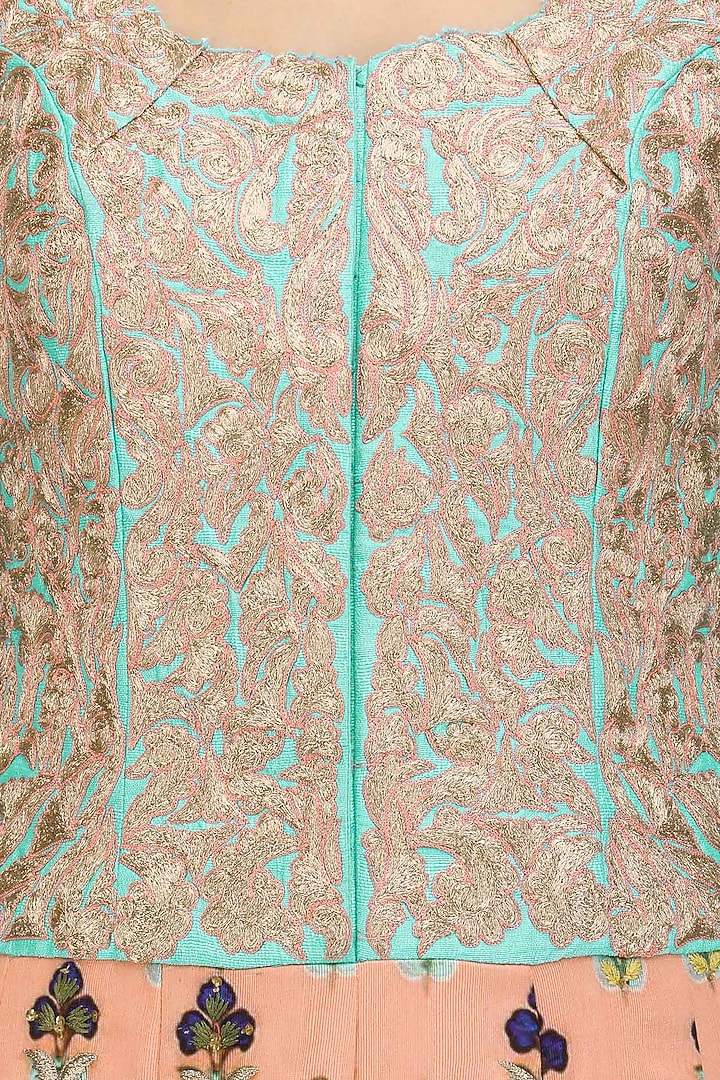 Turquoise and peach embroidered kalidaar anarkali and orange dupatta set available only at Pernia's Pop Up Shop.