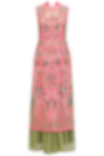 Coral Pink Jaal Embroidered Kurta with Green Lehenga and Dupatta Set by Aharin India