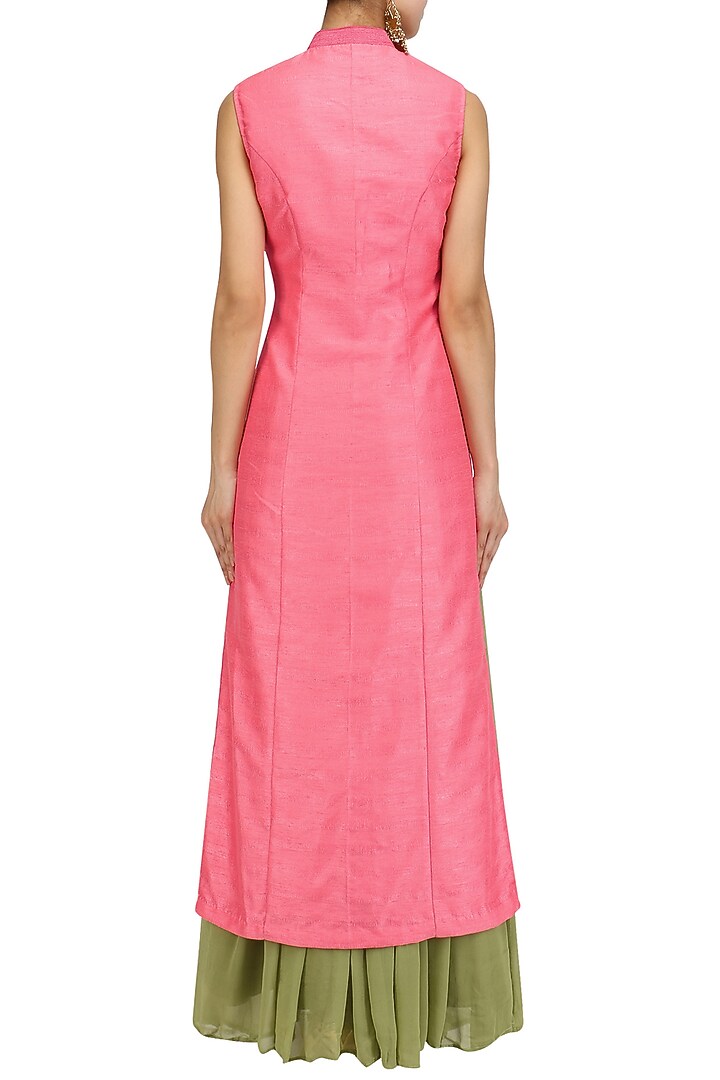Coral pink jaal embroidered kurta with green lehenga and dupatta set available only at Pernia's Pop Up Shop.