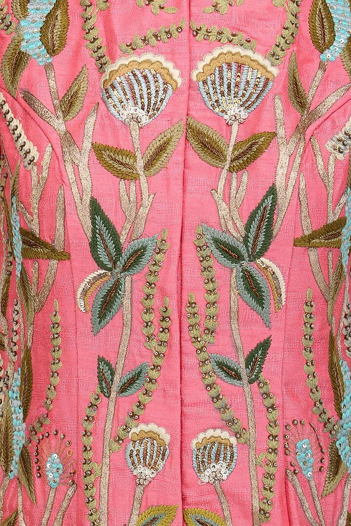 Coral pink jaal embroidered kurta with green lehenga and dupatta set available only at Pernia's Pop Up Shop.