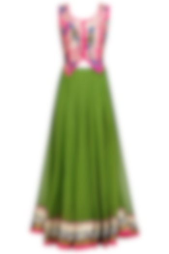 Pink Birds Embroidered Waistcoat and Green Lehenga Skirt Set by Aharin India