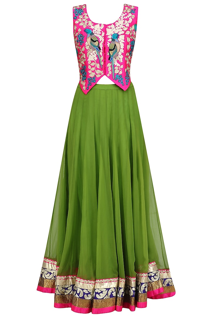 Pink Birds Embroidered Waistcoat and Green Lehenga Skirt Set by Aharin India