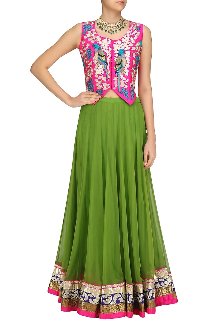 Pink birds embroidered waistcoat and green lehenga skirt set set available only at Pernia's Pop Up Shop.