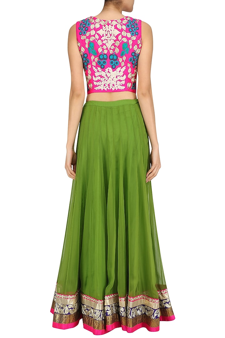 Pink birds embroidered waistcoat and green lehenga skirt set set available only at Pernia's Pop Up Shop.