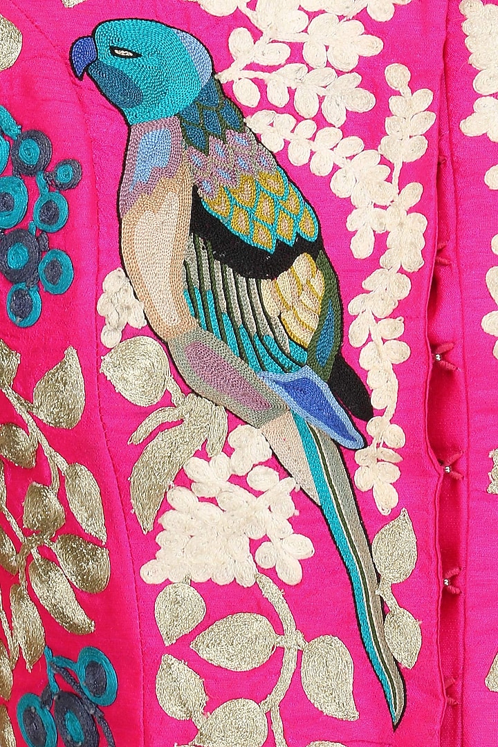 Pink birds embroidered waistcoat and green lehenga skirt set set available only at Pernia's Pop Up Shop.